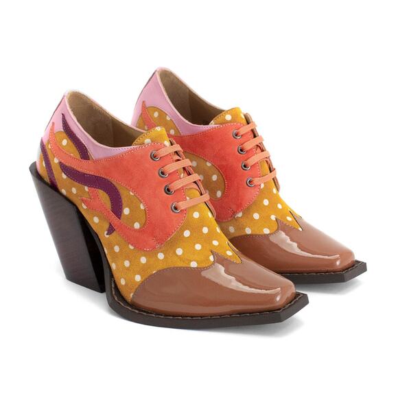 John Fluevog Dali Orange Contrast Western Lace Up Suede Heeled Shoes M10/W12 - Picture 1 of 8